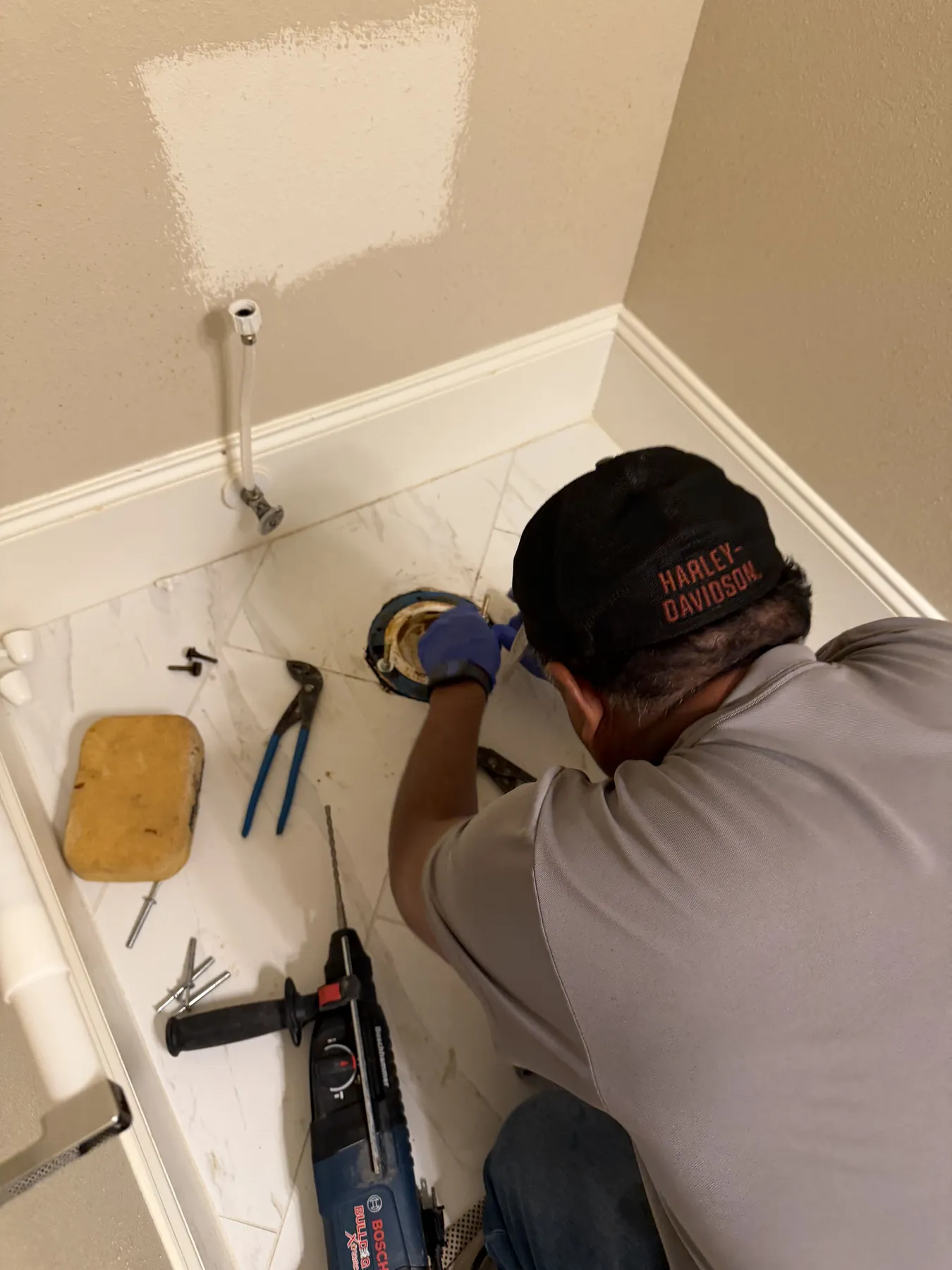 Toilet reset after a failed seal and flange inspection.